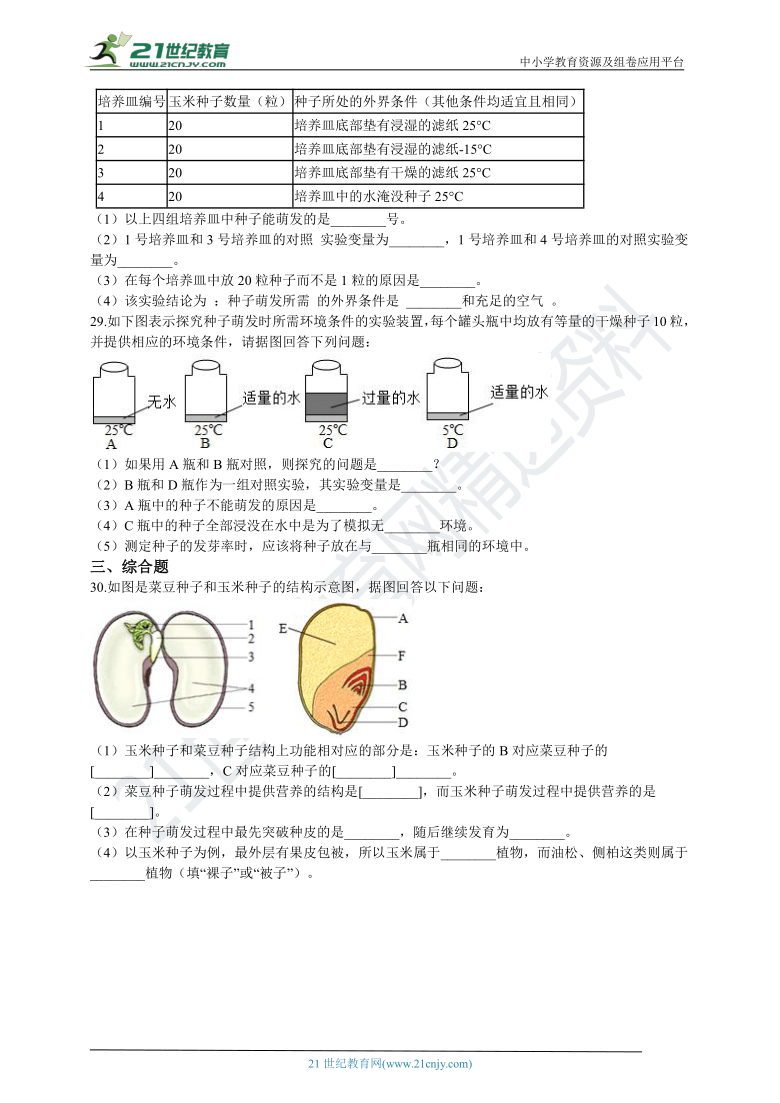 生物中考二轮专题复习 主题三 生物圈中的绿色植物 专题二 种子的结构、萌发的条件和过程（含解析）