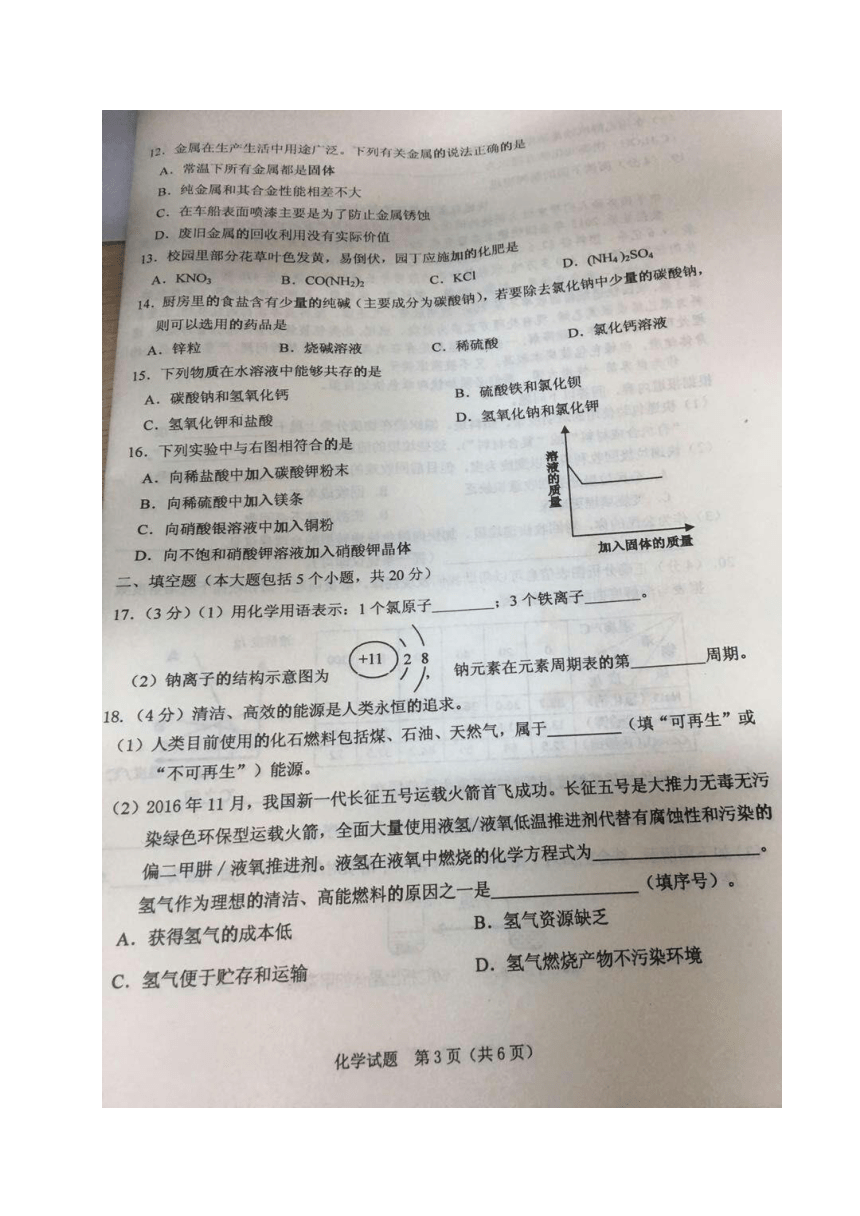 重庆市沙坪坝区2017届九年级5月毕业暨高中招生适应性考试化学试题（图片版）