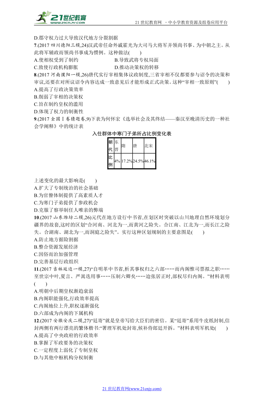 单元质检一　古代中国的政治制度