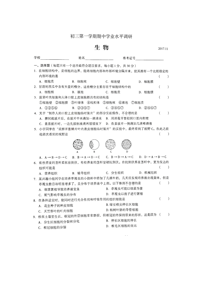 北京市海淀区2018届九年级上学期期中考试生物试题（图片版）