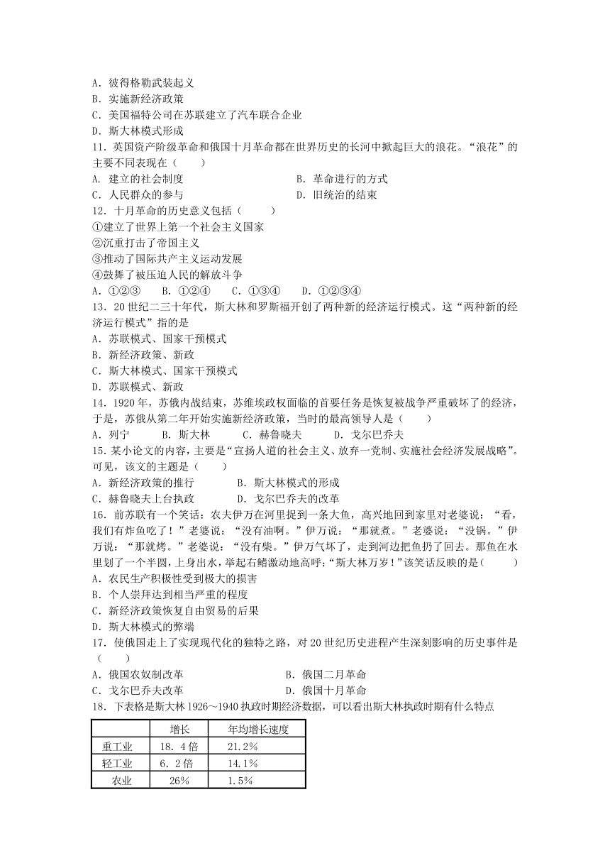 岳麓版 九年级历史 下册 第一单元《苏联社会主义道路的探索》同步练习题