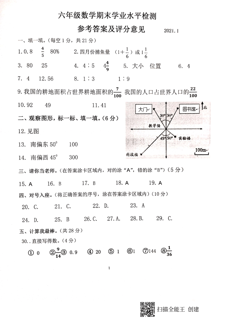 山东省菏泽市开发区2020-2021学年第一学期六年级数学期末试题（扫描版，含答案）