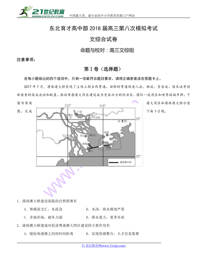 辽宁省沈阳市东北育才学校2018届高三第八次模拟考试 文综地理