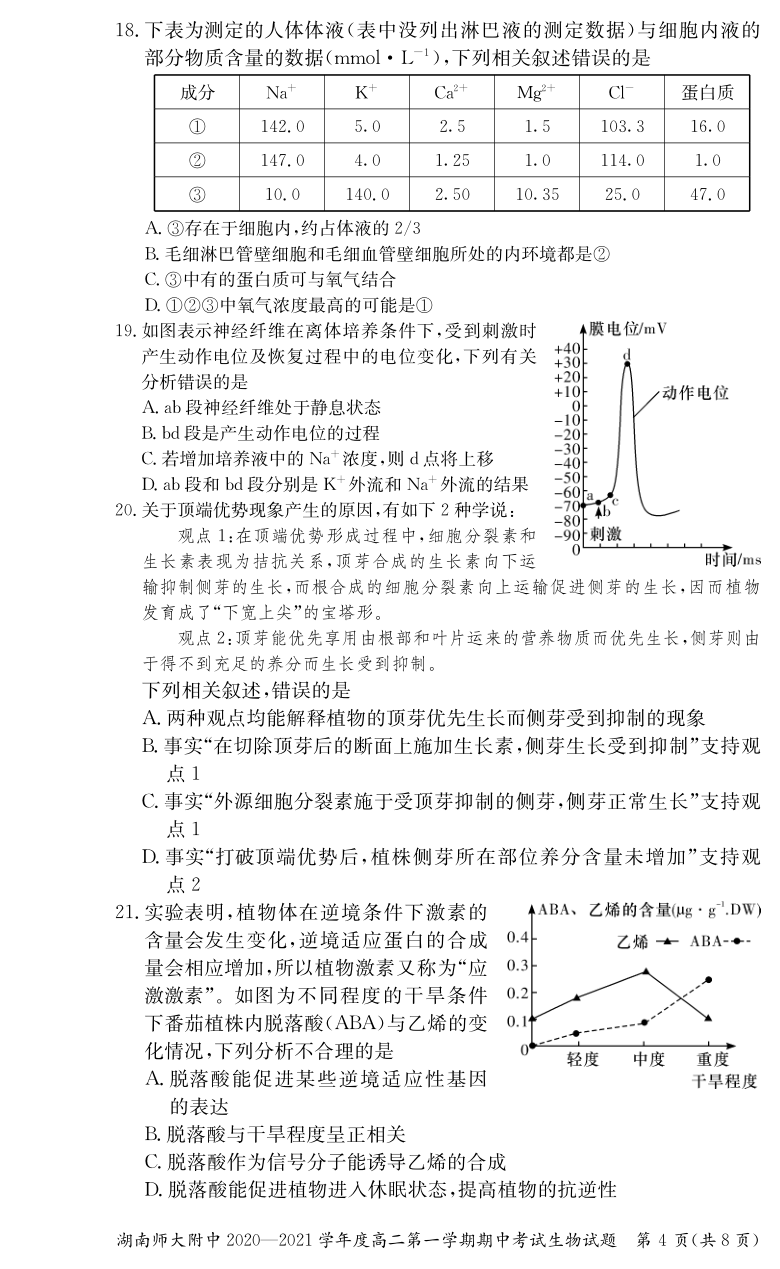 湖南师大附中2020-2021学年高二第一学期期中考试生物试卷 PDF版含答案