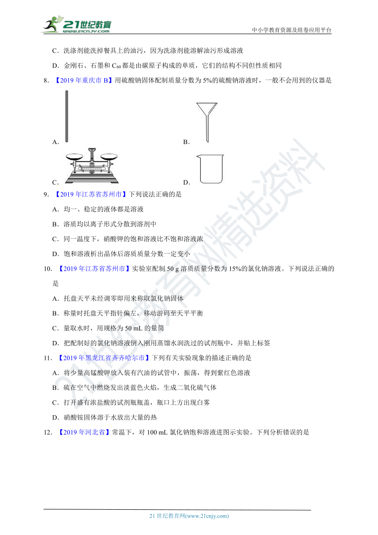 2020中考化学二轮复习真题自练自测专题17 溶液、溶液组成的表示及配制（练习版+ 解析版）