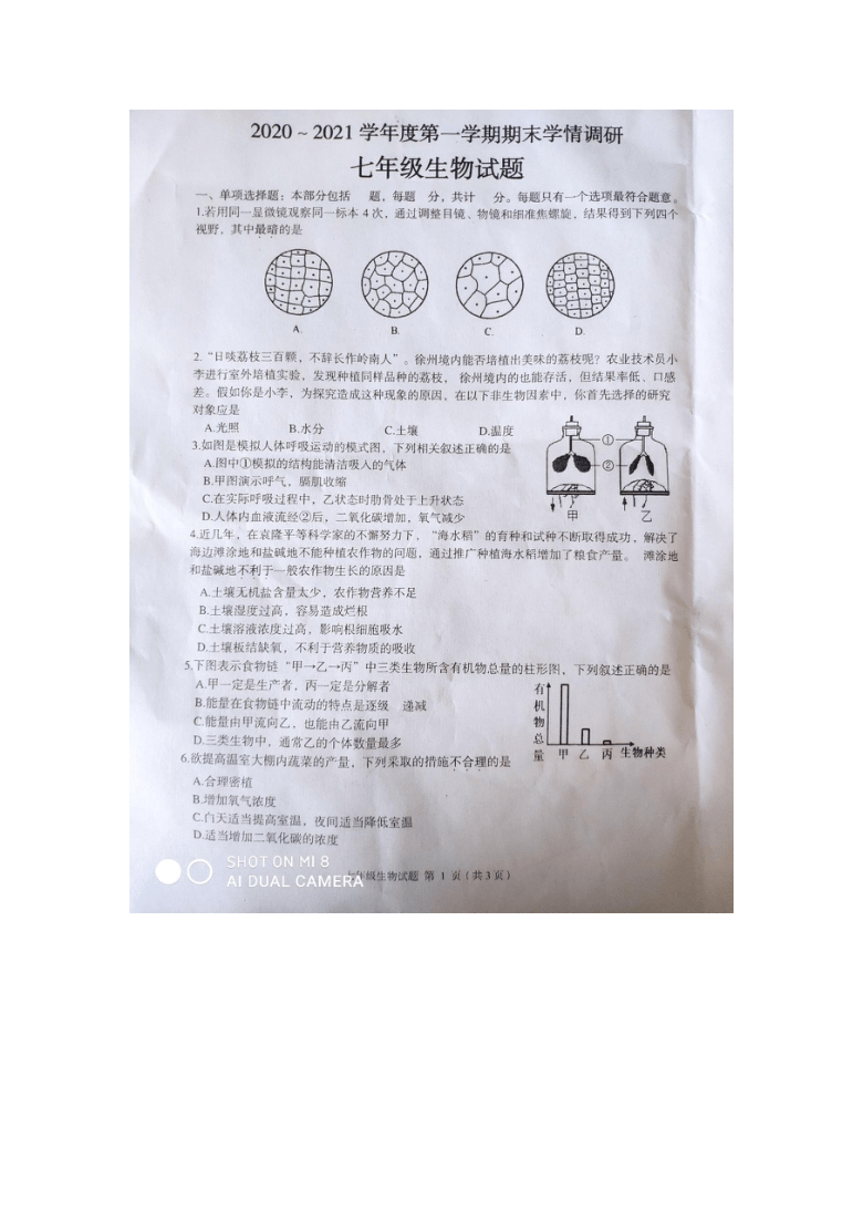 江苏省睢宁县2020-2021学年上学期七年级生物期末试卷 （图片版，无答案）