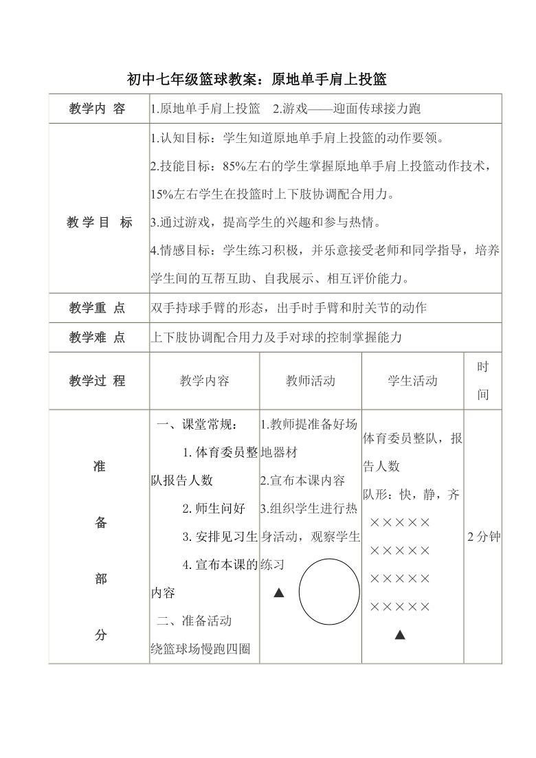 人教版七年级体育 4.3篮球 原地、行进间单手肩上投篮 教案