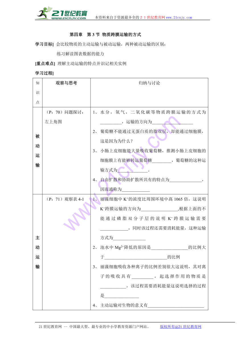 2016-2017学年江苏省镇江丹徒高级中学高一生物必修1教案：4.3物质跨膜运输的方式（人教版）