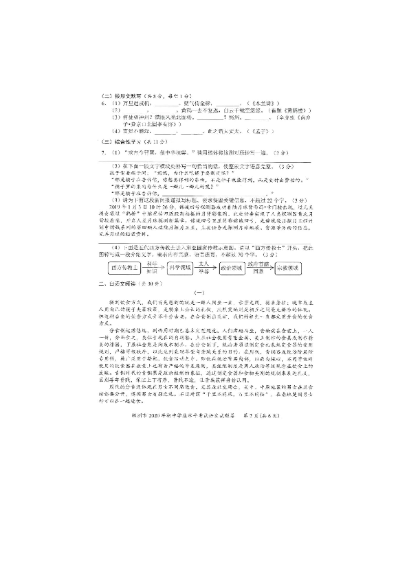 2020年湖南省株洲市初中学业水平考试语文试题（扫描图片版，含答案）