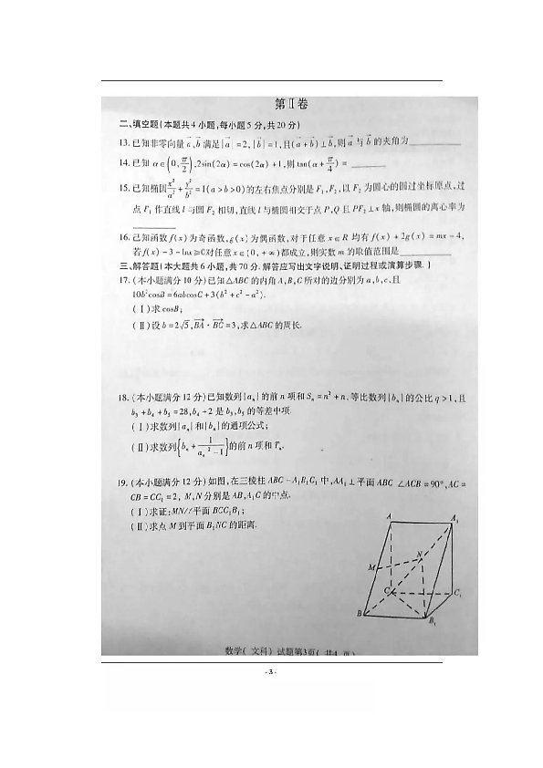2020年1月安徽省淮北市2020届高三第一次模拟考试数学（文科）试卷及答案