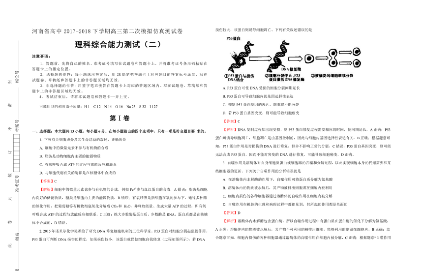 河南省2018届高三第二次模拟考试+仿真卷（二）理综试题 Word版含答案