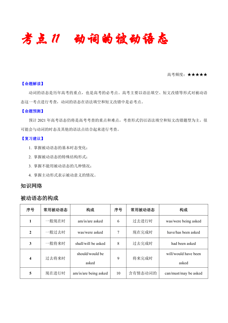 2021届通用版高考英语新二轮复习专题考点归纳学案：考点11谓语动词被动语态 Word版含解析