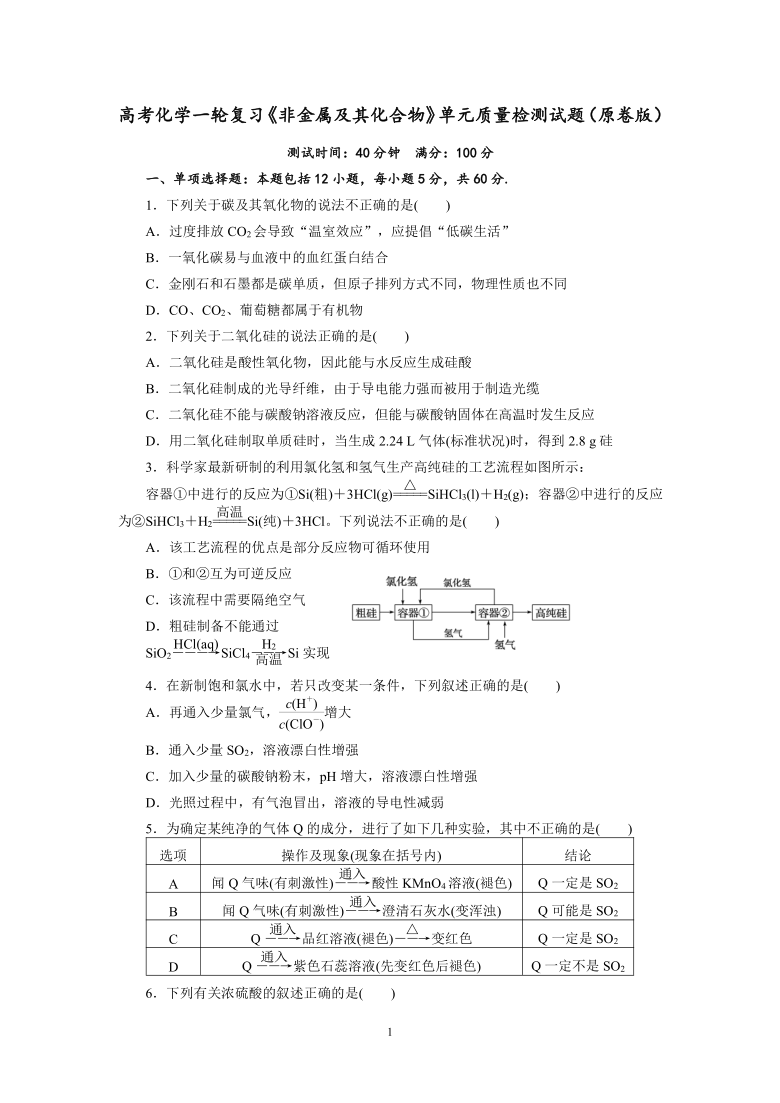 2022届高三化学高考一轮复习《非金属及其化合物》质量检测试题（Word版含解析）