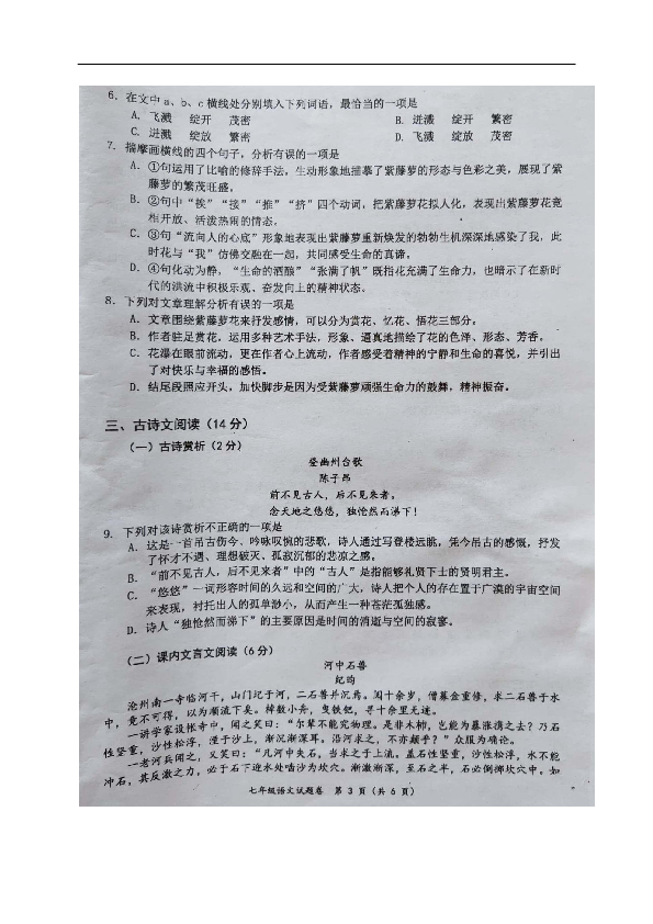 广西岑溪市2019-2020学年七年级下学期期末考试语文试题（图片版含答案）