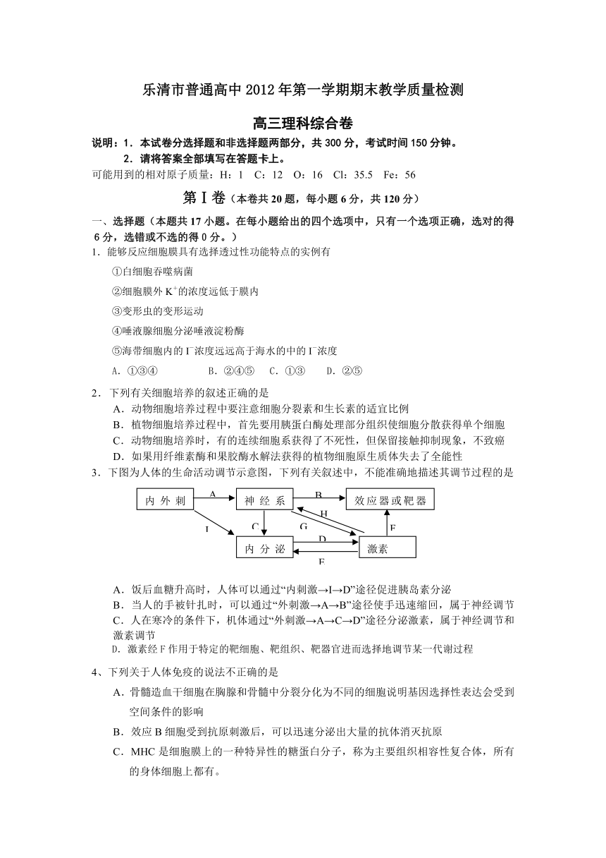 浙江省乐清市普通高中2013届高三期末教学质量检测理综试题