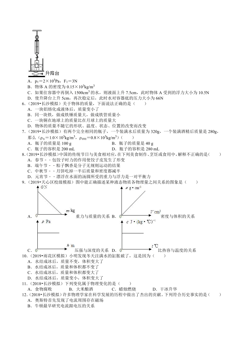 湖南中考物理复习各地区2018-2020年模拟试题分类（长沙专版）（2）——物质的属性（含解析）