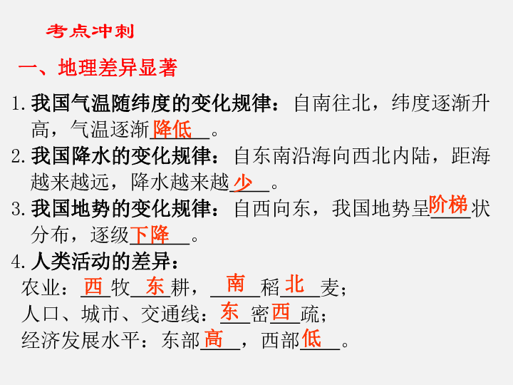 人教版（新课程标准）2020年中考地理复习：第三部分 中国地理 专题十五   中国的地理差异(122张ppt)