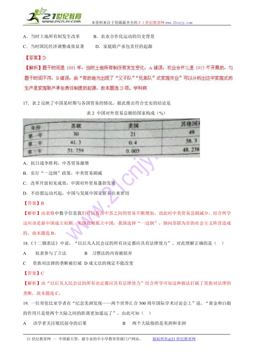 广东卷文综（历史部分）-2015年高考部分试题解析（参考版）