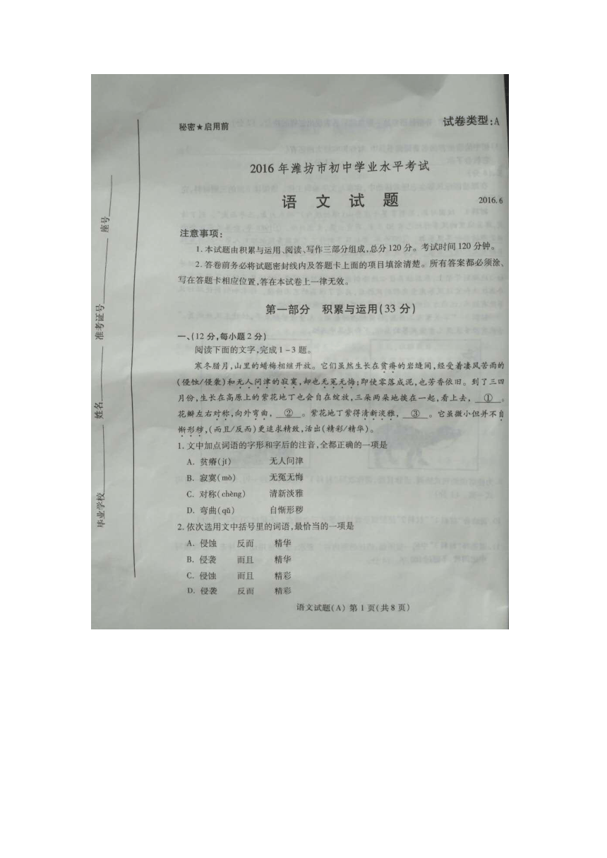 2016山东潍坊市中考语文试题（扫描版，有答案）