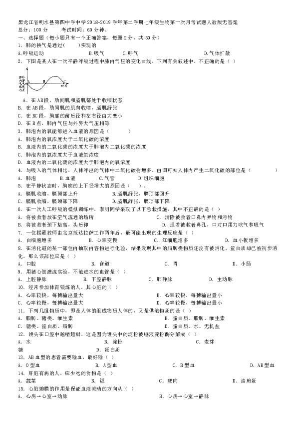 黑龙江省明水县第四中学中学2018-2019学年第二学期七年级生物第一次月考试题（无答案）