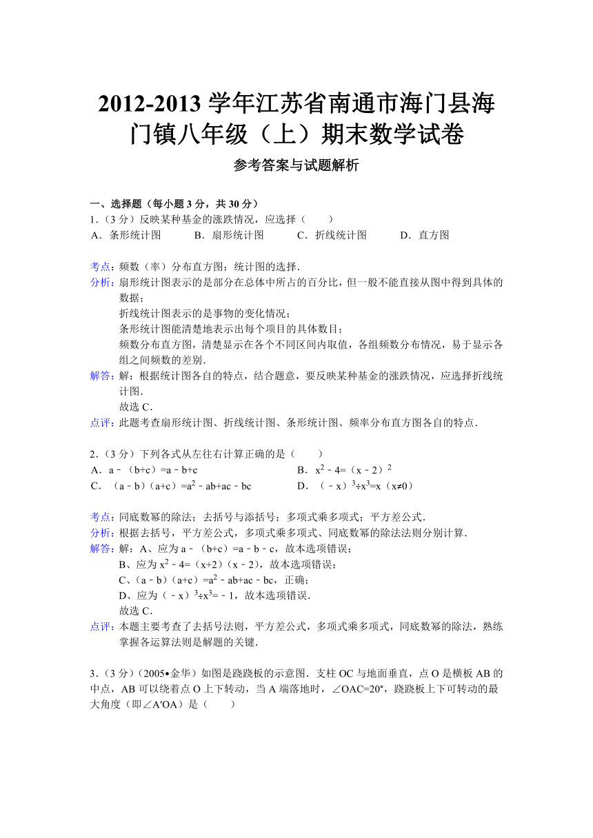 江苏省南通市海门县海门镇2012-2013学年八年级上学期期末考试数学试题（解析版答案）