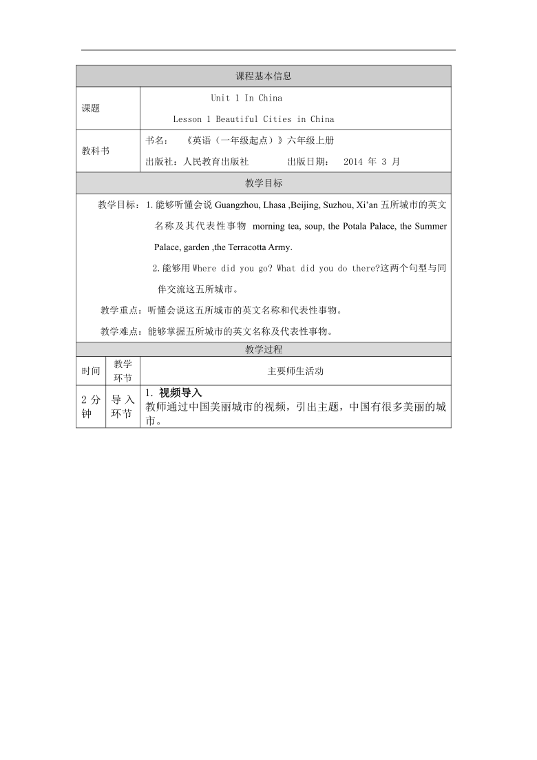 Unit 1 In China Lesson1 Beautiful Cities in China 教案