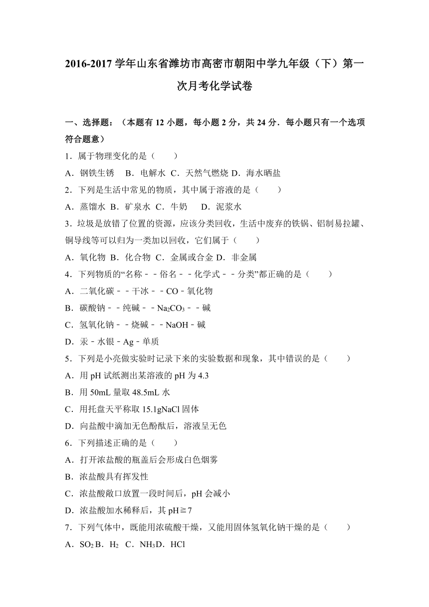 山东省潍坊市高密市朝阳中学2016-2017学年九年级（下）第一次月考化学试卷（解析版）