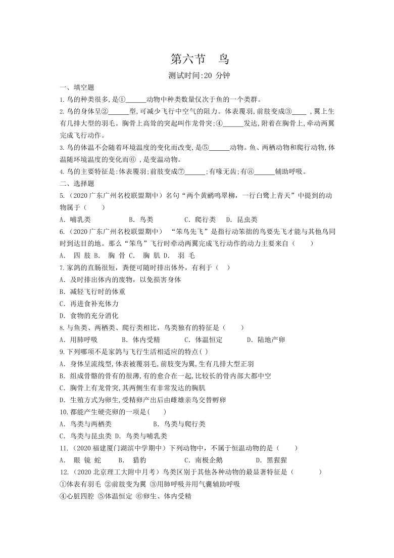 人教版生物八年级上册 第5单元 1.6 鸟 同步测试题(word版含答案）