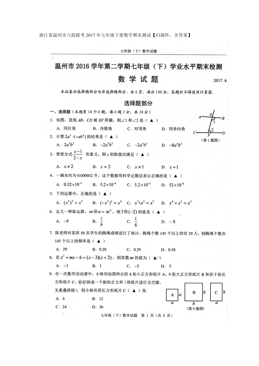 浙江省温州市八校联考2016-2017学年七年级下册数学期末测试（扫描版，含答案）