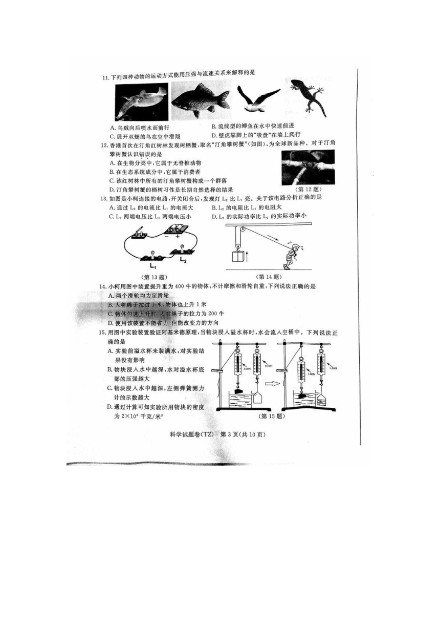 2017年浙江省初中毕业升学考试（台州卷）科学试题（图片版，含答案）