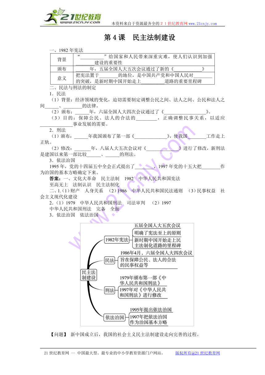 八年级历史（中图版）下册导学案：第三单元 第4课民主法制建设