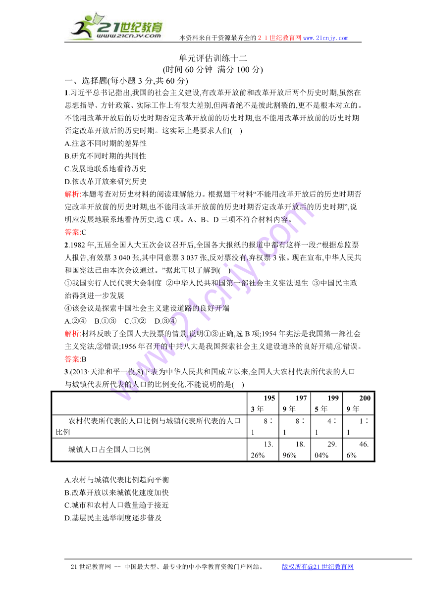 2014年高考历史二轮复习单元评估训练12 Word版含解析