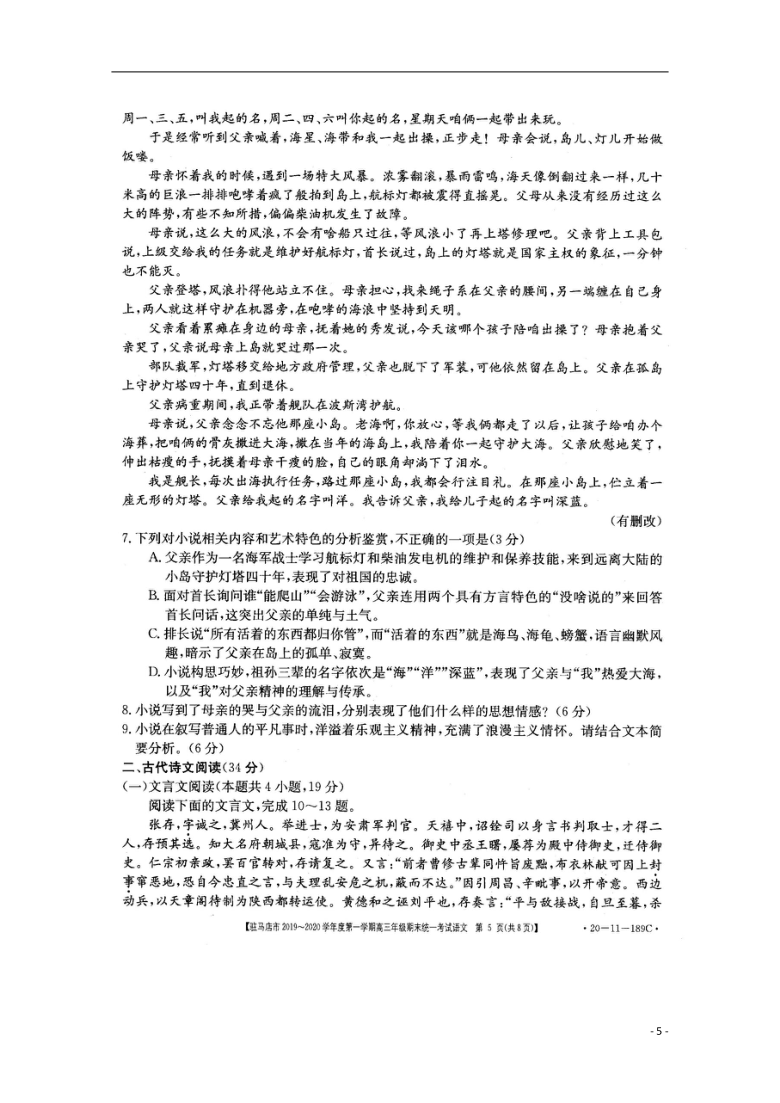 河南省驻马店市正阳县高级中学2020届高三语文上学期期末考试试题PDF含答案