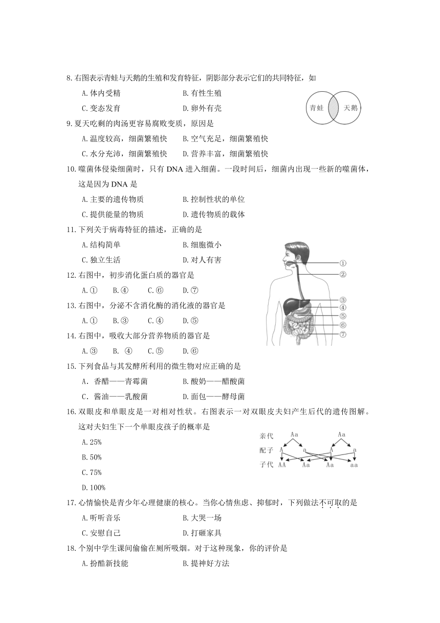 福建省泉州市2016年中考生物试题（word版，含答案）