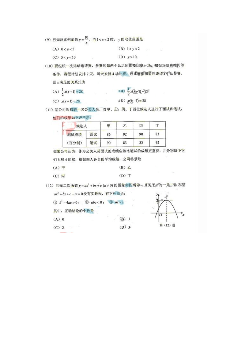 天津市2014年初中毕业生学业考试数学试题及答案(扫描版)