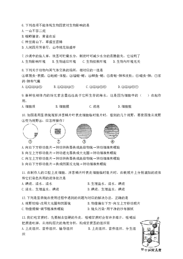 重庆市北碚区2018-2019学年七年级上学期期末调研抽测生物试题