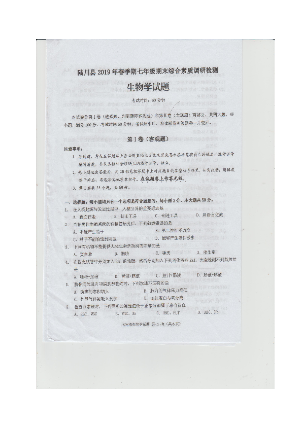 广西玉林市陆川县2018-2019学年七年级下学期期末考试生物试题（图片版含答案）