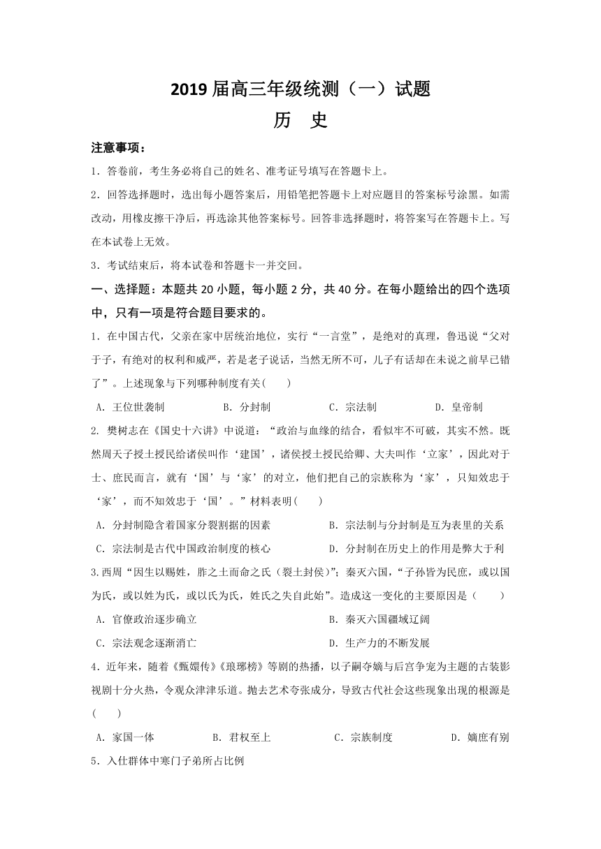 海南省儋州市第一中学2019届高三统测（一）历史试卷【解析版】