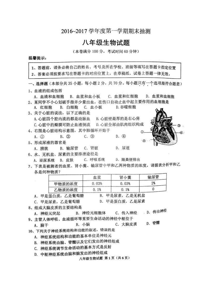 徐州市2016-2017年第一学期八年级生物期末抽测试题及答案（图片版）