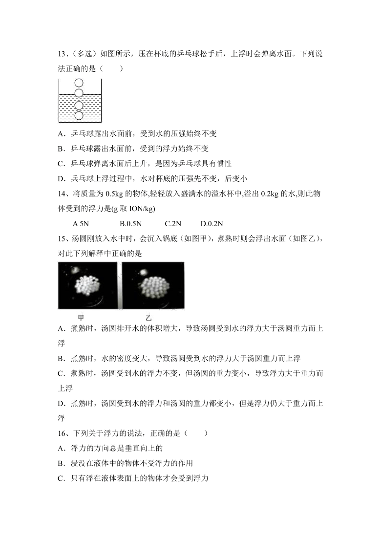 第10章：浮力   2021年暑假练习   人教版物理八年级下册（含答案）