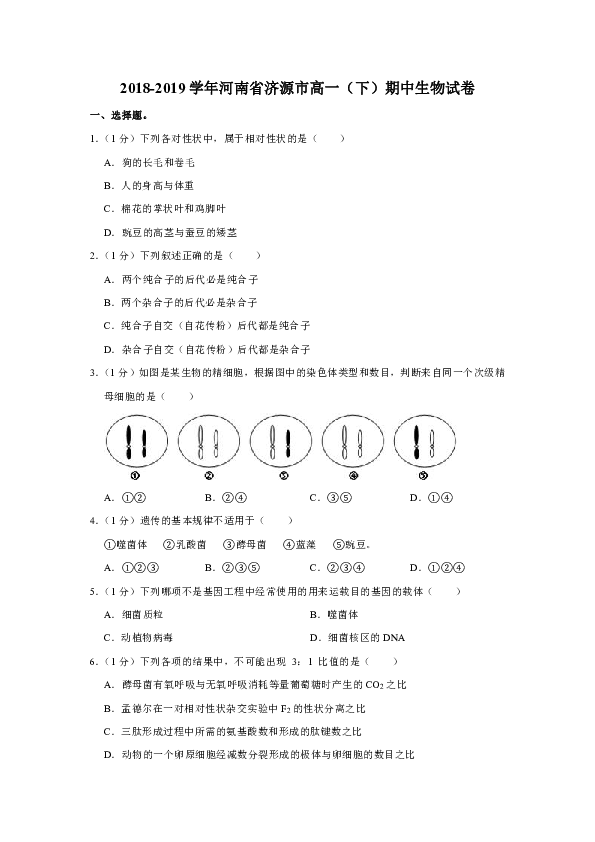 2018-2019学年河南省济源市高一（下）期中生物试卷（解析版）