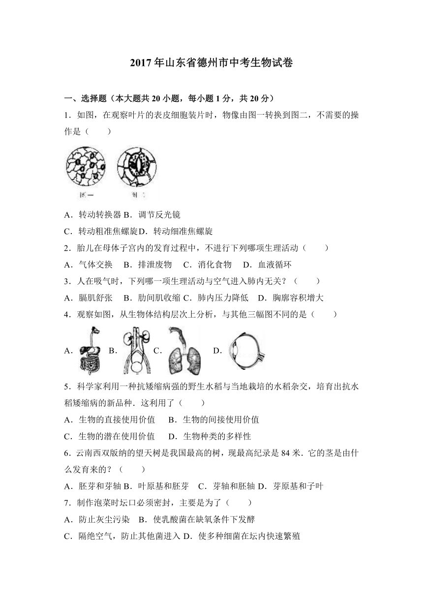 2017年山东省德州市中考生物试卷（解析版）