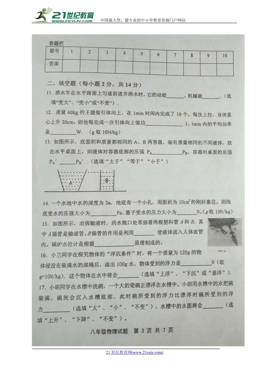 山东省利津县2017-2018学年八年级下学期期中考试物理试题（图片版）