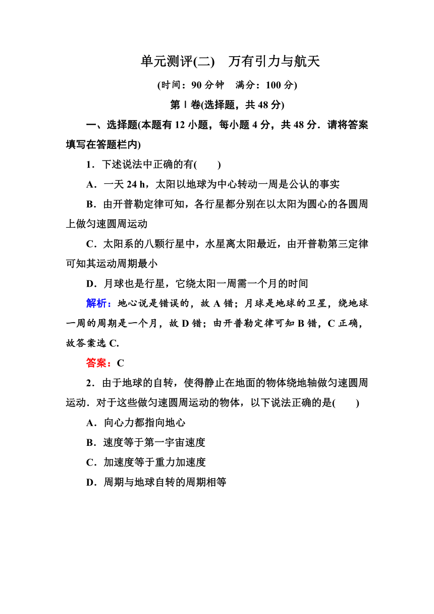 《状元之路》2013-2014学年高中物理人教版必修二单元测评：第六章 万有引力与航天（含解析）