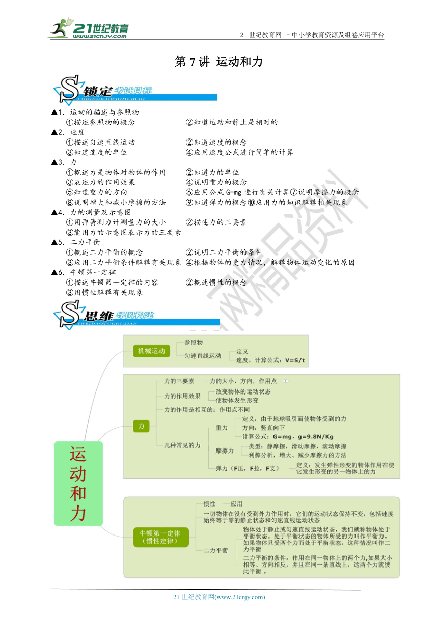 【备考】华师大版科学中考二轮复习 第七讲 运动和力（真题+模拟题）