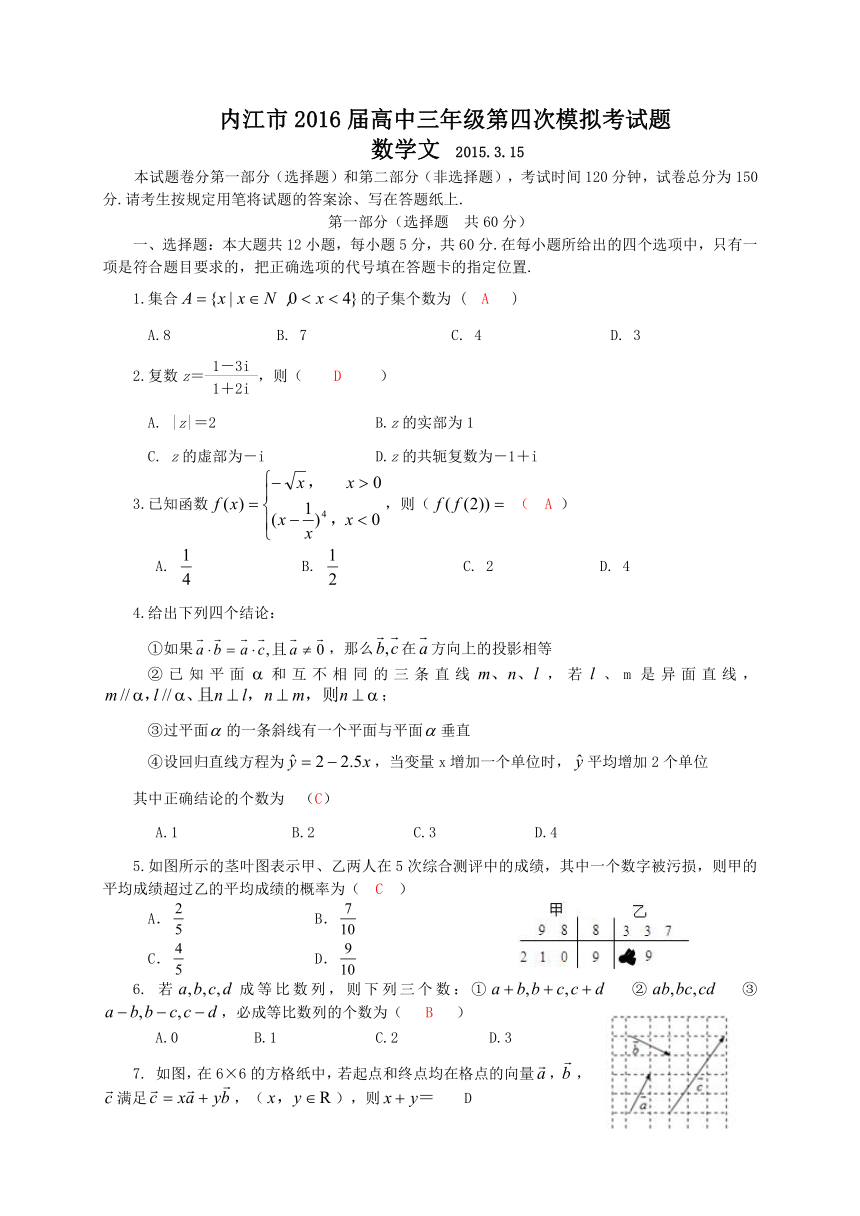 四川省内江市2016届高三年第四次（3月）模拟考试数学文试题