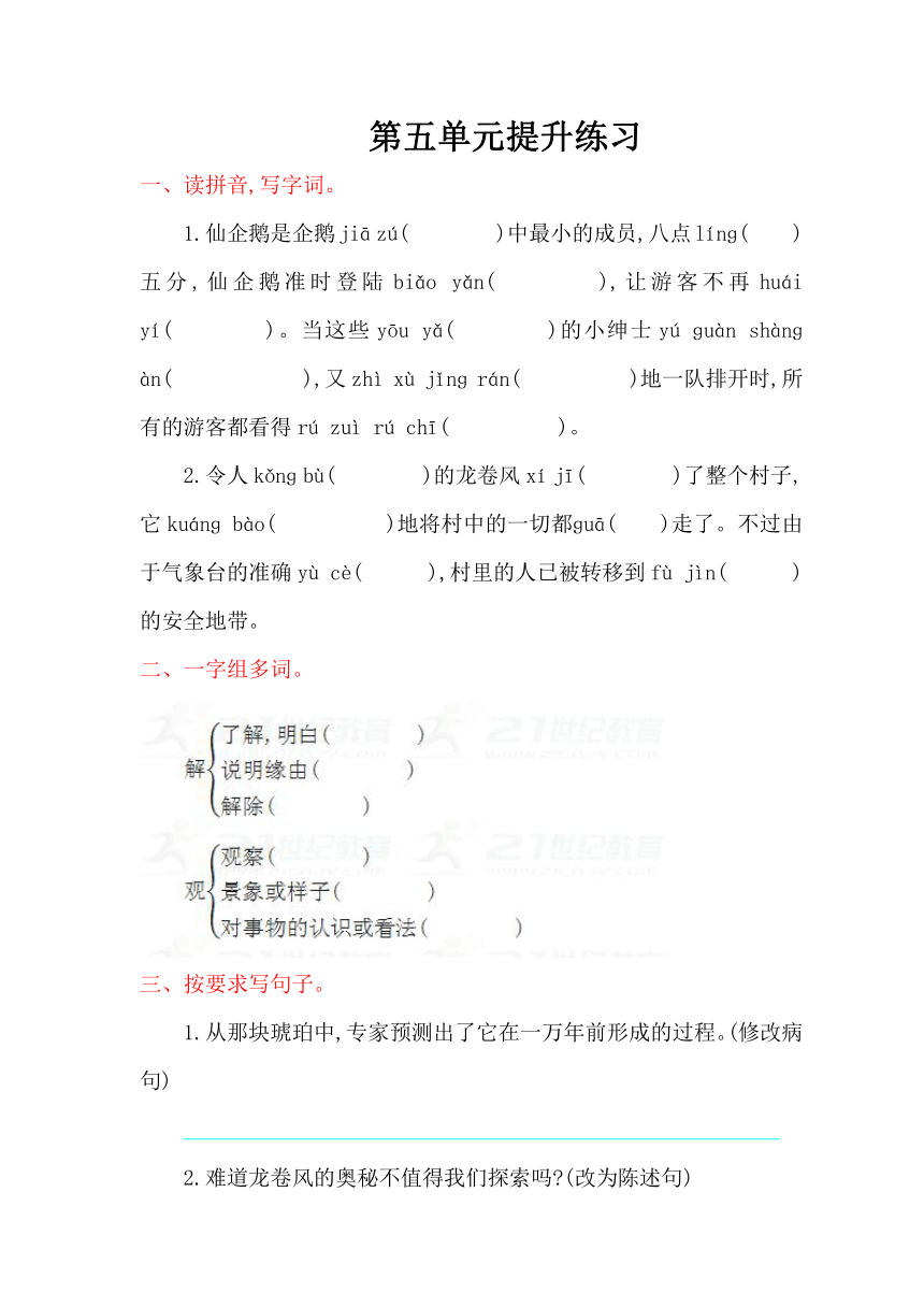 小学语文冀教版四年级上册第五单元提升练习含答案