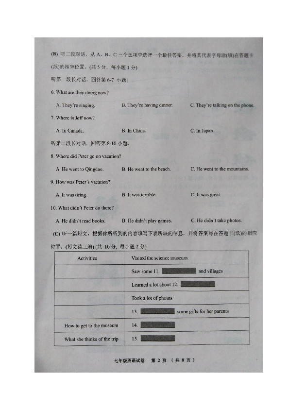 辽宁省锦州市2018-2019学年七年级下学期期末考试英语试题（图片版 含答案 无听力音频和材料）