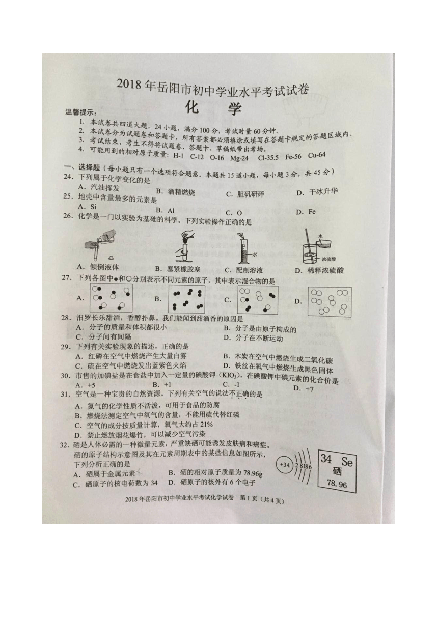 2018年岳阳市初中学业水平考试化学试卷（图片版无答案）