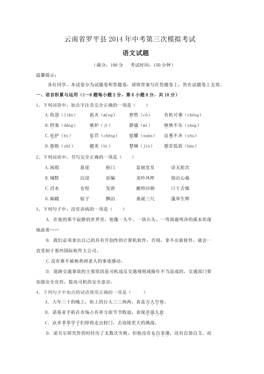 云南省罗平县2014年中考第三次模拟考试语文试题